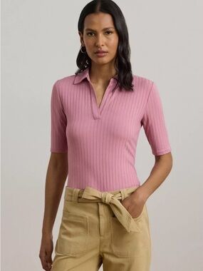 Lauren Ralph Lauren Ribbed Polo Knit Top in Mauve Pink